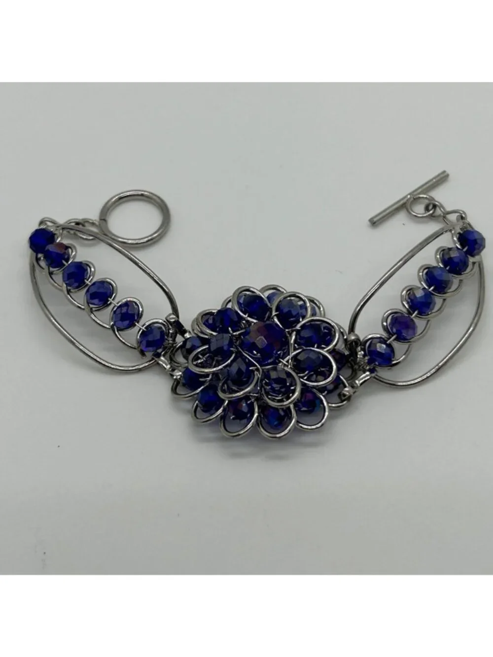 Handcrafted Silver-Tone Blue Rhinestone Crystal Floral Rosette Toggle Clasp Stat